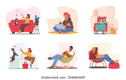 Set Of People Spend Time With Cats and Dogs. Male And Female Characters Playing, Hugging with Pets. Owner And Puppy or Kitten Happy Relations, Love, Friendship And Care. Cartoon Vector Illustration