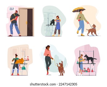 Set of People Spend Time with Dogs. Male and Female Characters Walking, Meet, Grooming Pets. Owner and Puppy Happy Relations, Love, Friendship and Care. Cartoon Vector Illustration