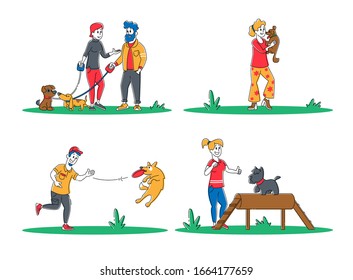 Set of People Spend Time with Pets Outdoors. Characters Walking and Playing with Dogs, Relaxing Open Air. Leisure, Communication Love, Care of Animals. Cartoon Flat Vector Illustration, Line Art