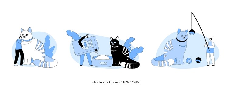 Establecer que la gente pase tiempo con las mascotas. Pequeños personajes masculinos y femeninos preocupados por un enorme gato, alimento, juego, abrazo. Ocio, comunicación, amor, cuidado de los animales concepto. Ilustración del vector de dibujos animados