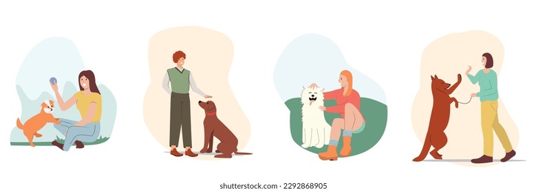 Eine Gruppe von Menschen verbringt Zeit mit Haustieren zu Hause und im Freien. Charaktere wandern und spielen mit Hunden, entspannen Open Air. Aktive Freizeit, Kommunikation, Liebe, Tierpflege. Cartoon-Vektorgrafik