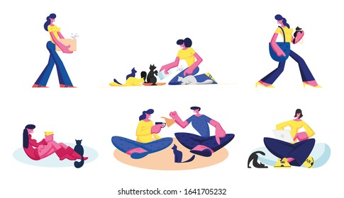 Set of People Spend Time with their Pets. Male and Female Characters Care of Cats and Dogs Isolated on White Background. Man and Woman Feeding, Playing with Animals. Cartoon Flat Vector Illustration