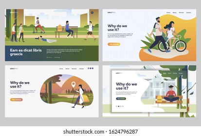 Set of people spending leisure time outdoors. Flat vector illustrations of people doing sports in countryside. Outdoor leisure activities, parks concept for banner, website design or landing web page