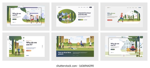 Set of people spending leisure time in nature parks. Flat vector illustrations of people roller skating and cycling. Outdoor leisure activities concept for banner, website design or landing web page