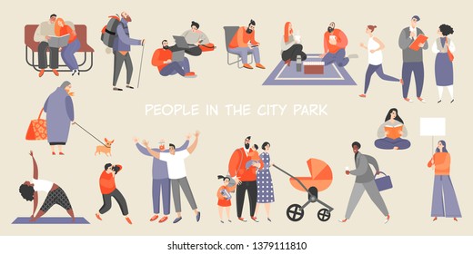 A set of people spending time in the city park. Isolated characters jogging, doing yoga, reading books, working, walking with family and friends, having a picnic, hiking