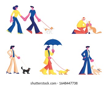 Set People Spending Time with Pets Outdoors. Male and Female Characters Walking and Playing with Dogs, Relaxing Open Air, Leisure, Communication Love, Care of Animals. Cartoon Flat Vector Illustration