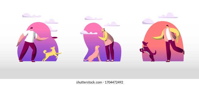 Set of People Spending Time with Pets Outdoors. Male and Female Characters Walking and Training Dogs in Summer Park. Relaxing Leisure, Communication Love, Care of Animals. Cartoon Vector Illustration