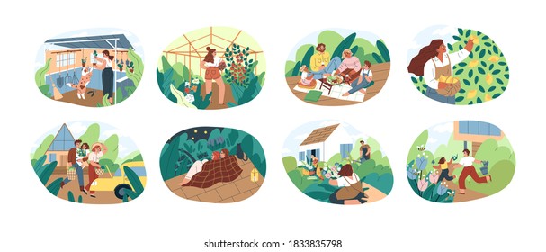 Set Of People Spending Time At Summer Cottage Or Dacha Vector Flat Illustration. Collection Of Man, Woman, Children And Pet Picking Harvest, Relaxing, Planting And Cultivation Together Isolated