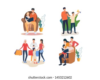 Set of people spending time together. Group of families enjoying common leisure. Family concept. Vector illustration can be used for presentation slide, new project, commercial