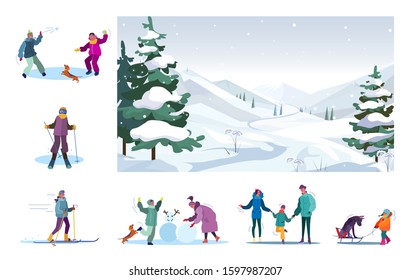 Set of people spending time together during snowy day. Flat vector illustrations of skiing, skating, having fun. Winter leisure concept for banner, website design or landing web page