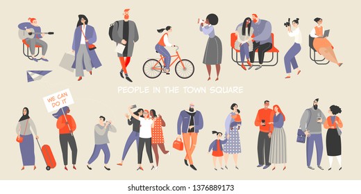 A set of people spending time in the town square. Cartoon characters sit on the benches, go shopping, ride a bike, go for a walk, meet friends, take selfies, play the guitar, make announcements. 