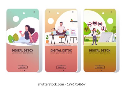 set people spending time without devices digital detox concept women men abandoning gadgets