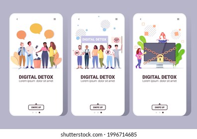 set people spending time without devices digital detox concept women men abandoning gadgets
