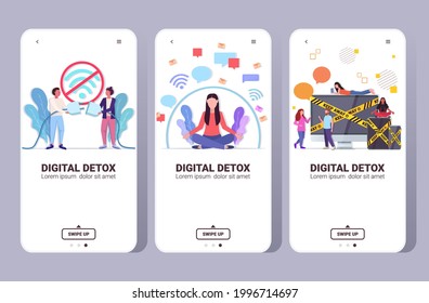 set people spending time without devices digital detox concept women men abandoning gadgets