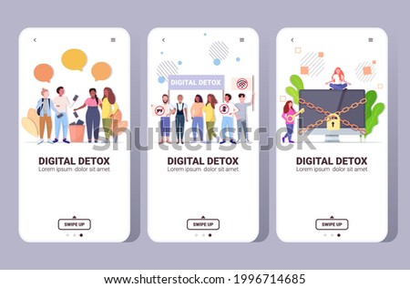 set people spending time without devices digital detox concept women men abandoning gadgets