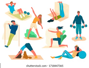 Set of people sport activity at home during Covid19 Pandemic. Man and woman perform sports exercises, fitness,yoga,lifting dumbells,pump press,doing pull-up. Cartoon Flat vector illustration

