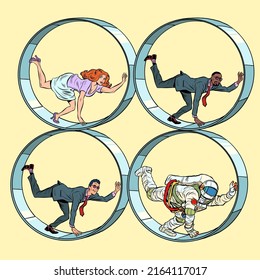 set of people in a squirrel wheel. Routine monotonous work. A man in captivity of his affairs. pop art Retro vector Illustration 50s 60s kitsch Vintage style