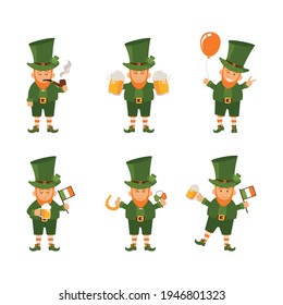 Set of people. St. Patrick s Day poster. Leprechaun in a face mask. Vector illustration.