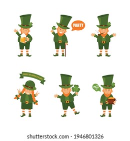 Set of people. St. Patrick s Day poster. Leprechaun in a face mask. Vector illustration.