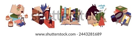 Set of people with stack of books. Characters reading textbooks and immersing at wonderful world of literature. Men and women bookworms. Cartoon flat vector illustrations isolated on white background