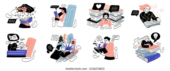 Conjunto de personas con pilas de libros. Hombres y mujeres fanáticos literarios leen interesantes cuentos de hadas, novelas o ficción. Inmersión en un mundo fantástico. Colección vectorial plana de dibujos animados aislada en fondo blanco