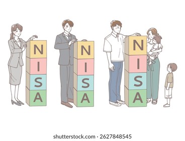 Set of people stacking blocks with Nyssa written on them