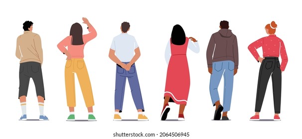 Set of People Stand in Row Back View, Male and Female Characters Wear Fashioned Clothes Rear View Isolated on White Background, Abstract Young Person Backside Position. Cartoon Vector Illustration