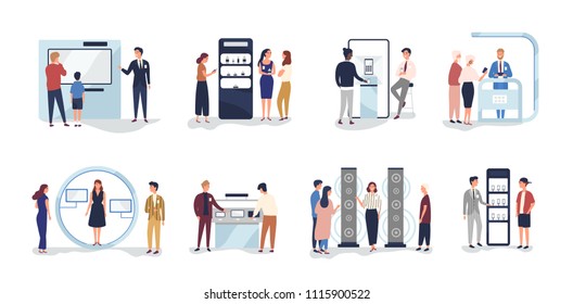 Set of people standing beside commercial promotional stands, trying product samples, talking to consultants and promoters advertising goods or services at trade fair. Flat cartoon vector illustration.