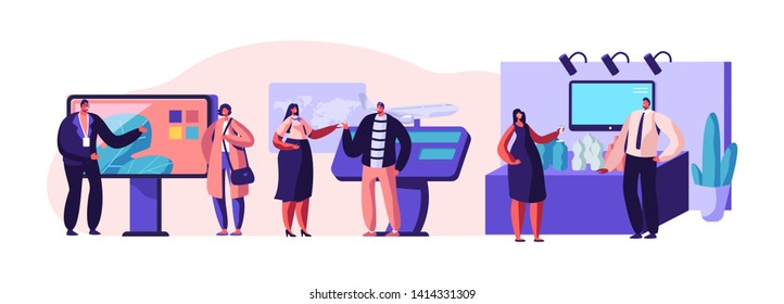 Set of People Standing Beside Commercial Promotional Stands, Trying Product Samples, Talking to Consultants and Promoters Advertising Goods or Services at Trade Fair. Cartoon Flat Vector Illustration