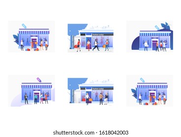 Set of people standing and holding bags near shops. Flat vector illustrations of people choosing, buying clothes in shops. Fashion outlet, boutique concept for banner, website design, landing web page