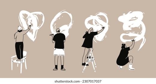 Set people standing  sitting   writing wall  Different brush strokes  abstract shapes  Back view  Cartoon style characters  Isolated design elements  Hand drawn trendy Vector illustration