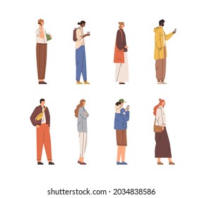 Set of people standing and walking with mobile phones and coffee cups in hands. Side view of man and woman stopped for looking at smartphone outdoors. Flat vector illustration isolated on white