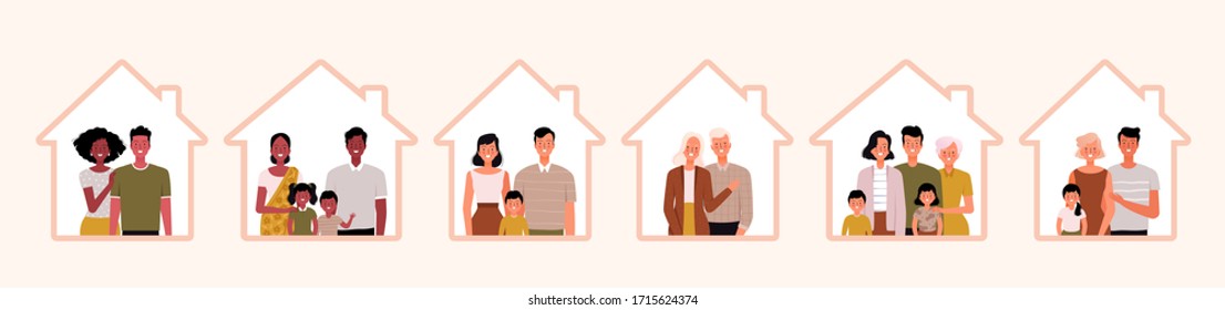 Set of people stay at home. Concept of protection against coronavirus COVID-19. Young parents, children and grandparents inside the house. Family on self-isolation