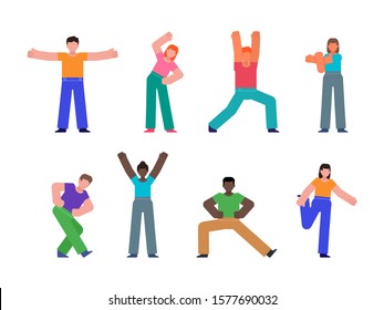 Set of people stretching, doing physical exercises, showing various action, poses. Flat design vector illustration