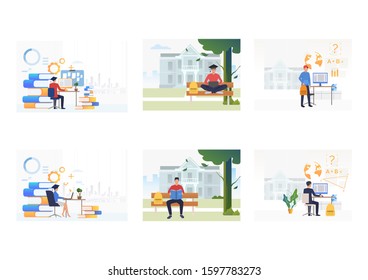 Set of people studying in campus park. Flat vector illustrations of young people learning, preparing. Education, knowledge concept for banner, website design or landing web page