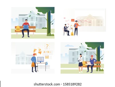 Set of people studying at universities. Flat vector illustrations of education, knowledge, routine. Educational routine concept for banner, website design or landing web page