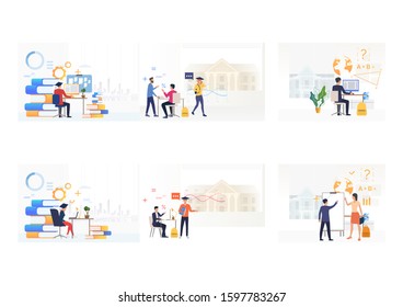 Set of people studying at universities. Flat vector illustrations of students learning, reporting. Education, knowledge concept for banner, website design or landing web page