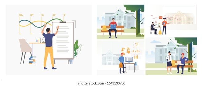 Set of people studying at universities. Flat vector illustrations of education, knowledge, routine. Educational routine concept for banner, website design or landing web page