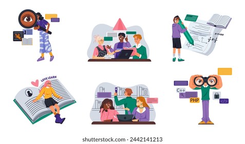 Set of people studying. University or school students read books, prepare for exam and take online course. Education and learning. Cartoon flat vector illustrations isolated on white background