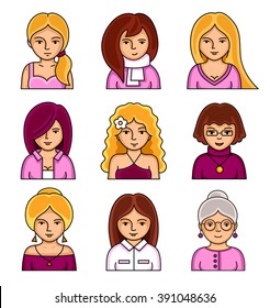 Set of people stylish avatars for profile page. Collection of women's faces.