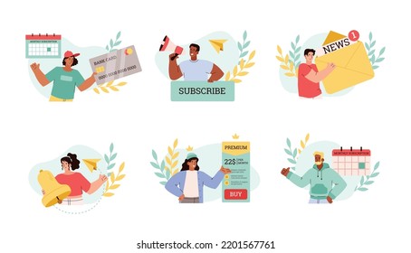 Set of people subscribe to newsletter and monthly services, flat vector illustration isolated on white background. Diverse men and women choosing subscription plan and paying online with bank card.