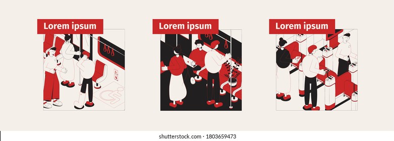 Set with people in subway train with seat for disabled and going through ticket barrier 3d isometric isolated vector illustration