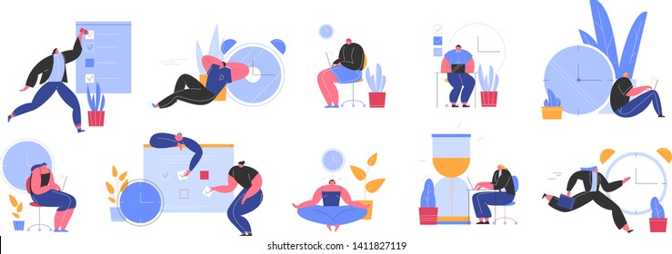 Set of people successfully organizing their appointments and tasks . Situations and office scenes with efficient and effective time management and multitasking at work. Flat vector illustration.