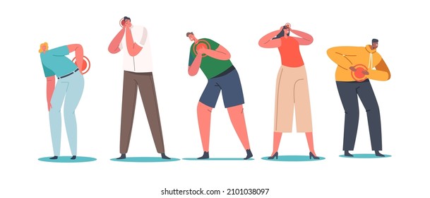 Set People Suffer of Ache in Different Body Parts Stomach, Back, Head and Heart. Characters Feel Strong Pain. Health Problem, Disease Symptoms and Unhealthy Body Sickness. Cartoon Vector Illustration