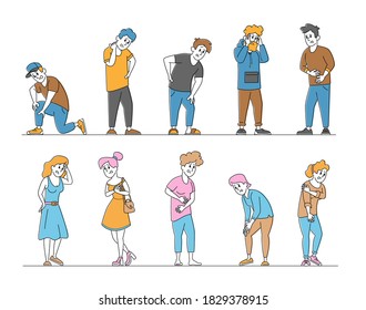 Set People Suffering Ache in Different Body Parts Chest, Neck, Leg, Back, Arm. Characters Feeling Strong Pain. Health Problem, Disease Symptoms and Unhealthy Body Sickness. Linear Vector Illustration