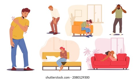 Set People Suffering of Ache in Different Body Parts Neck, Leg, Arm, Stomach. Characters Feeling Strong Pain. Health Problem, Disease Symptoms and Unhealthy Body Sickness. Cartoon Vector Illustration