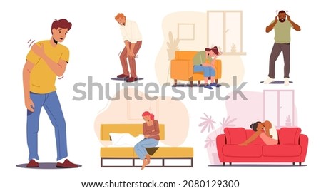 Set People Suffering of Ache in Different Body Parts Neck, Leg, Arm, Stomach. Characters Feeling Strong Pain. Health Problem, Disease Symptoms and Unhealthy Body Sickness. Cartoon Vector Illustration