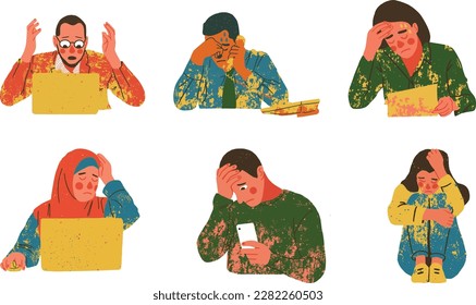 Set of people suffering from headache, depression, stress, anxiety, fatigue. Vector flat illustration
