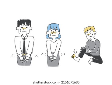 A set of people suffering from itching, a comical handwritten person vector, a warm line drawing

