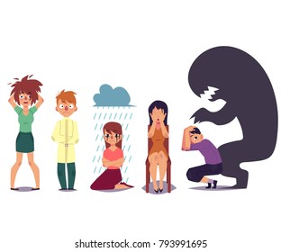 Set of people suffering from mental disorder, illness, grief, nervous breakdown, flat cartoon vector illustration isolated on white background. Mental illness concept, people in despair, stress, grief